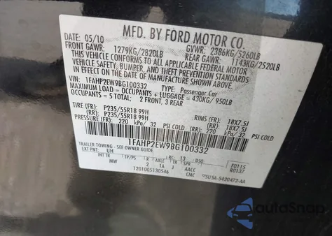 2011 Ford Taurus Sel из США, поврежденный, VIN 1FAHP2EW9BG100332